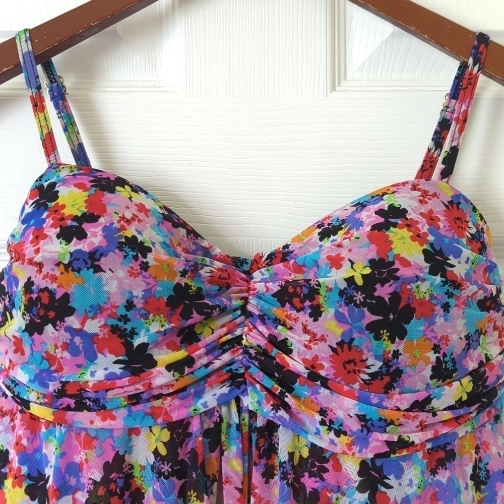 A Shore Fit Colorful Floral Mesh Sweetheart Neckline Padded Tankini Swim Top 12 - Picture 2 of 12